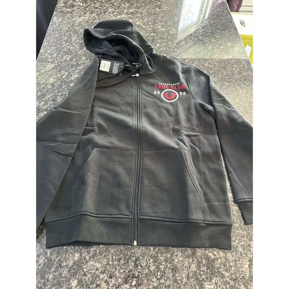 True Religion Jet Black TRADEMARKED TR02‎ HOODIE-Sz Medium Zip Down Men's